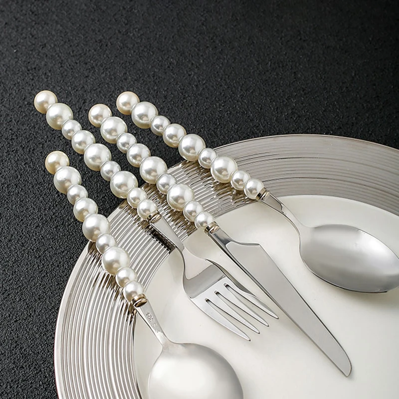 1/3/4Pcs Pearl Cutlery Set Western 18/10 Stainless Steel Tableware Wedding Diamond Inlaid Dinnerware Knife Fork Spoon Gift