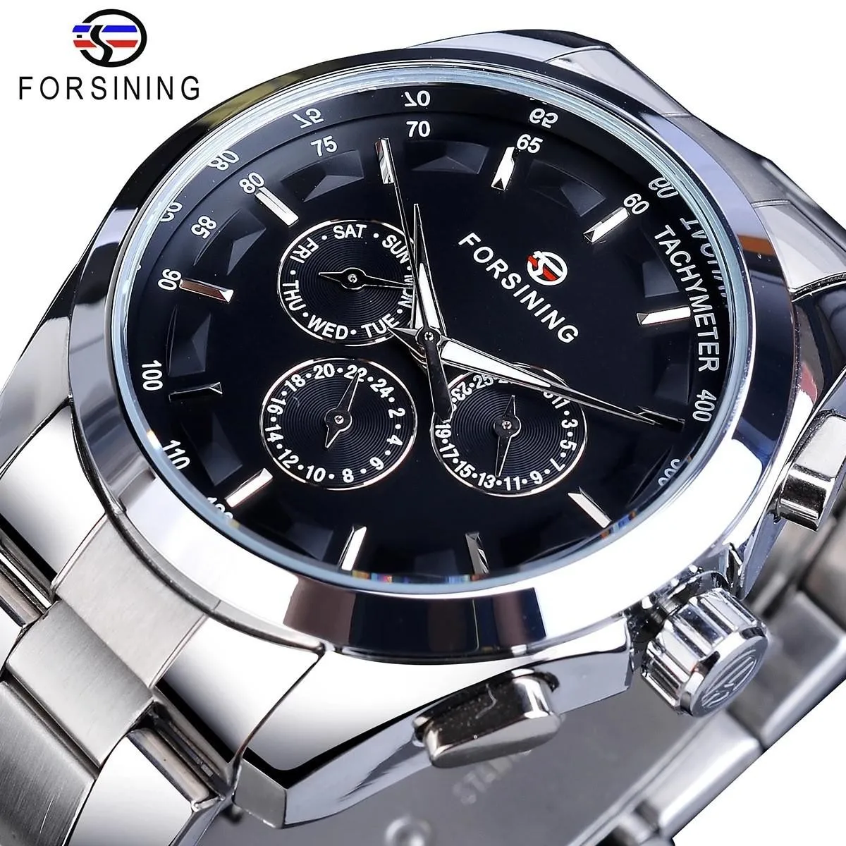 Forsining Top Brand Style Automatic Full Stainless Steelwatch Men Mechanical Business Wristwatch With Calendar Luminou Pointers