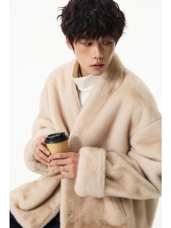 

TANGZ Studio Men's Warmth Fur Coat Lazy Sle American Jaet High-End Feeling Loose Fit Long Sve Youth Faion Winter Coat