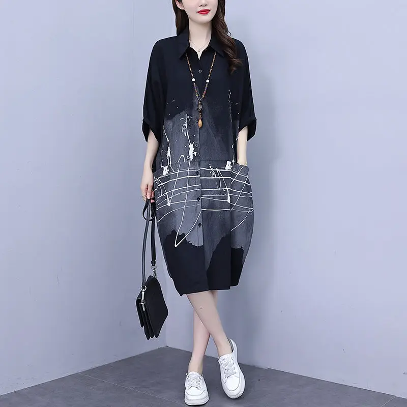 Female Clothing Fashion Ink Painting Shirt 2023 Spring Summer Casual Loose Pockets Single-breasted Commute Polo-Neck Midi Blouse