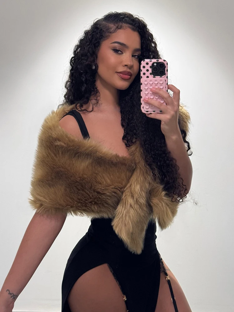 

Weird Puss Luxury Furs Shawl Women Hipster Fashion Slash Neck Knot Elegant Banquet Party Clubwear Midnight Soft Warm Crop Tops