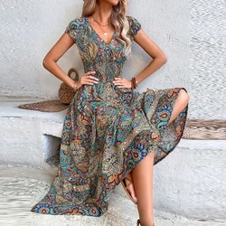 Women Vintage Print Long Dress 2023 Summer Sexy V Neck Short Sleeve A-line Dress Female Elegant Elastic Waist Maxi Dresess Robe