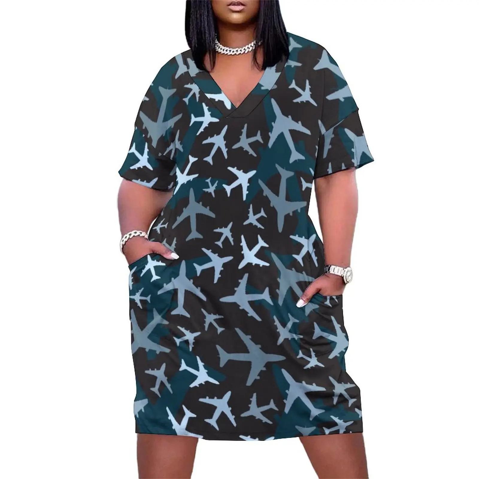 

Airplane Camouflage - Dark Blue Loose Pocket Dress Woman dresses Dress vintage