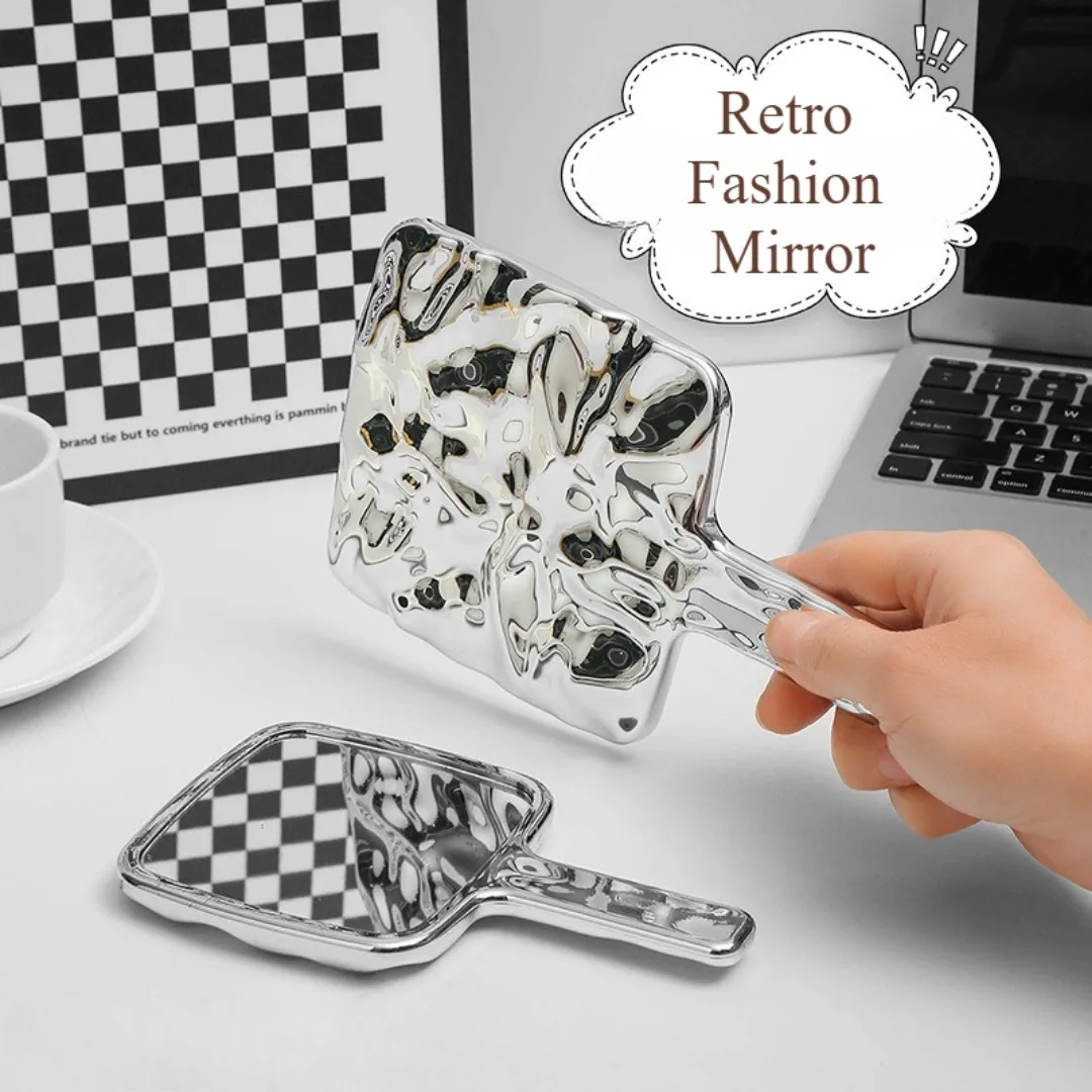 Espelho de maquiagem com alça vintage, portátil, quadrado, pequeno, formato líquido, galvanizado, quadrado