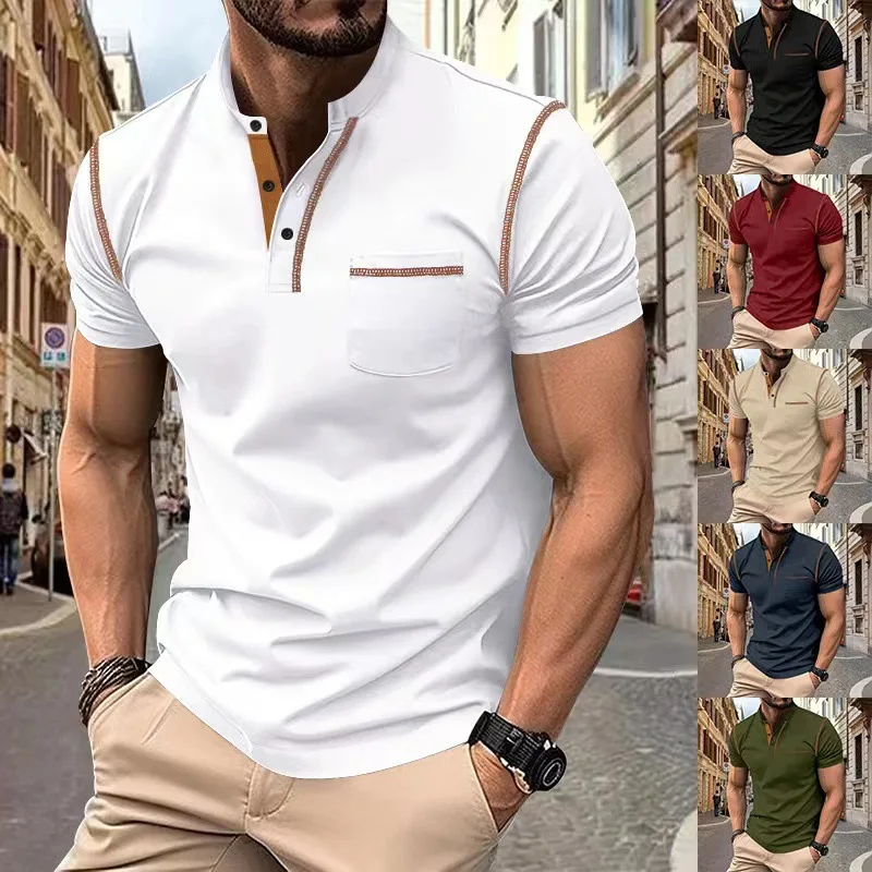 2026 Summer Men's Short Sleeve T-shirt Oversized High Quality Solid Comfortable Casual Henley Shirt Men DF15