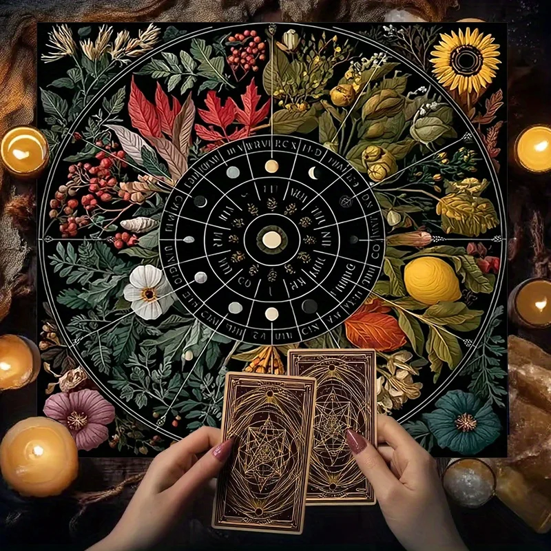 Botanical Astrology Divination Tablecloth Floral Mandala Wheel Design Tarot Altar Cloth Seasonal Botanical Pattern For Wiccan
