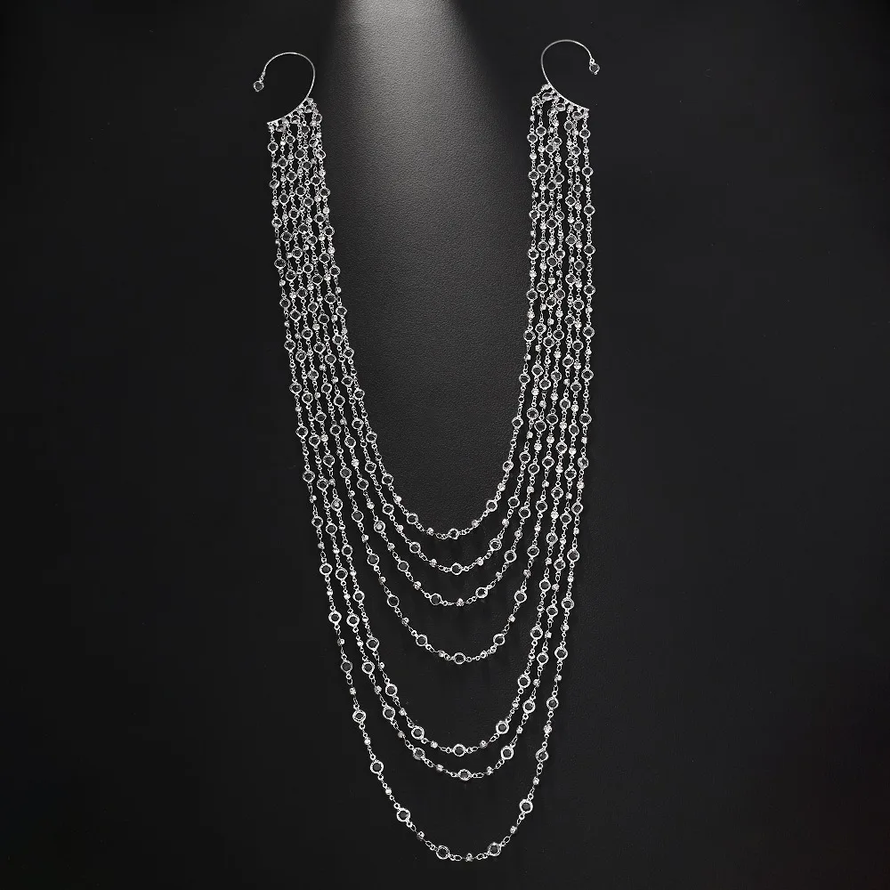 

Long Design Crystal Chain Earrings Bohemian Design Round Shape Multilayer Tassel Earrings Elegant Style Rhinestone Ear Clips