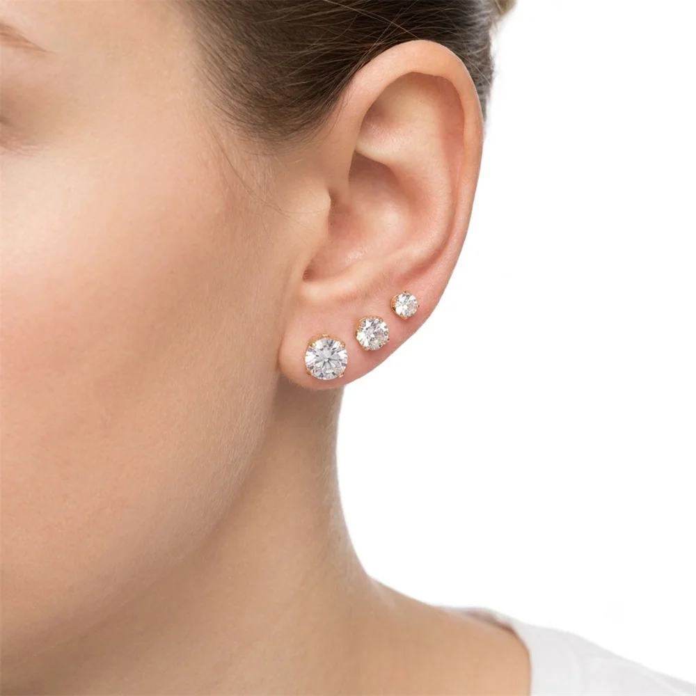 Shiny Gold Color 5mm 7mm 9mm Round Clear Zircon Paving Stud Earrings Pack For Women Girl Classic Daily Party Decoration Jewelry