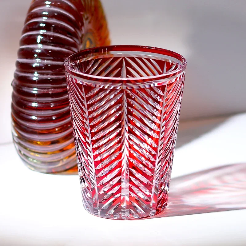 Red Handmade Highball Glass - Modern Cut Crystal Cocktail Tumbler - Art Glass for Whiskey, Iced Tea, Juice - 300ml 3