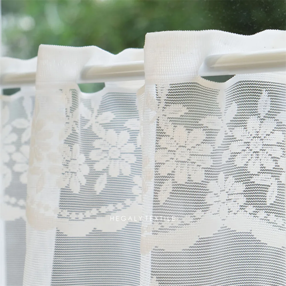 White Sheer Lace Jacquard Flowers Short Valance Curtains for Kitchen Doorway Rod Pocket Top Small Window Drapery Home Decor