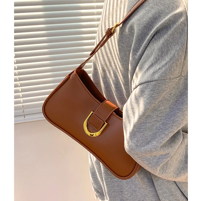 Retro Wine Red Underarm Bag For Women 2024 Spring New Luxury Hasp PU Shoulder Bags Simple Solid Color Ladies Commuter Handlebags