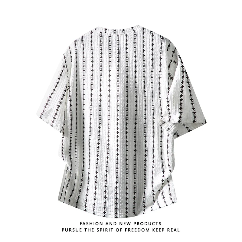 Summer Men's Short-Sleeved American Check Open-Weave V-Neck T-Shirt