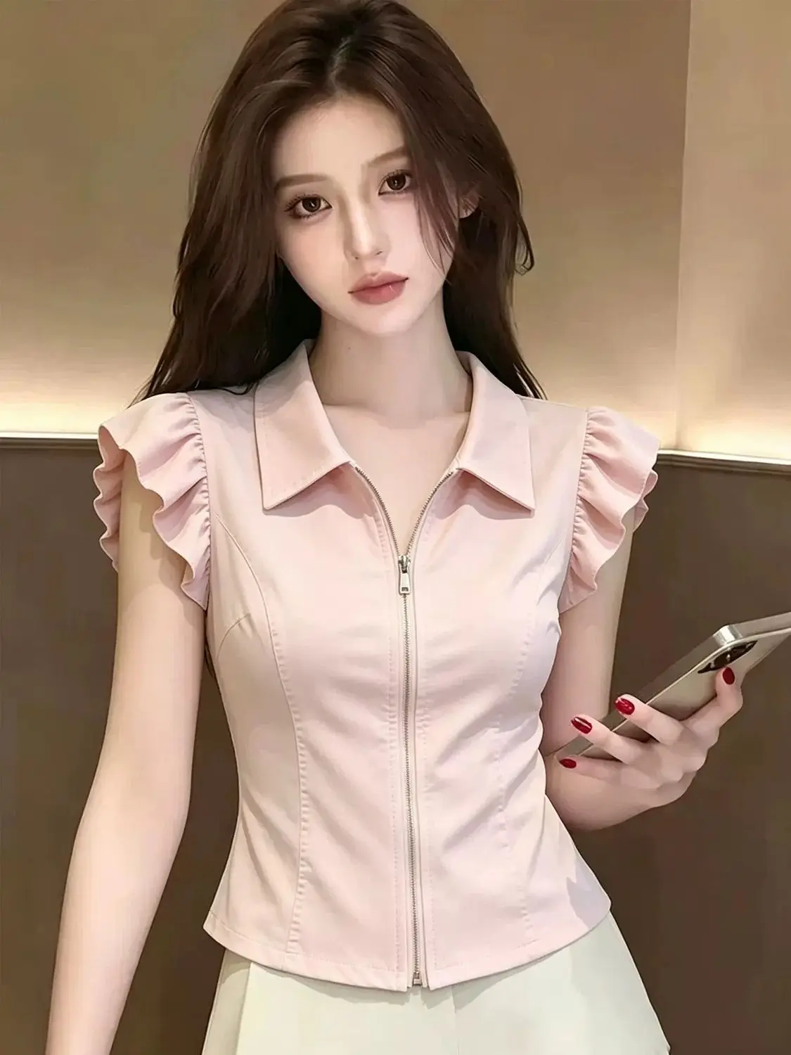 Sweet Commuter Style Women's Shirt Pink Flounce Sleeve Turn-down Collar Short Length Slimming Chinese Brand Fashionable Top