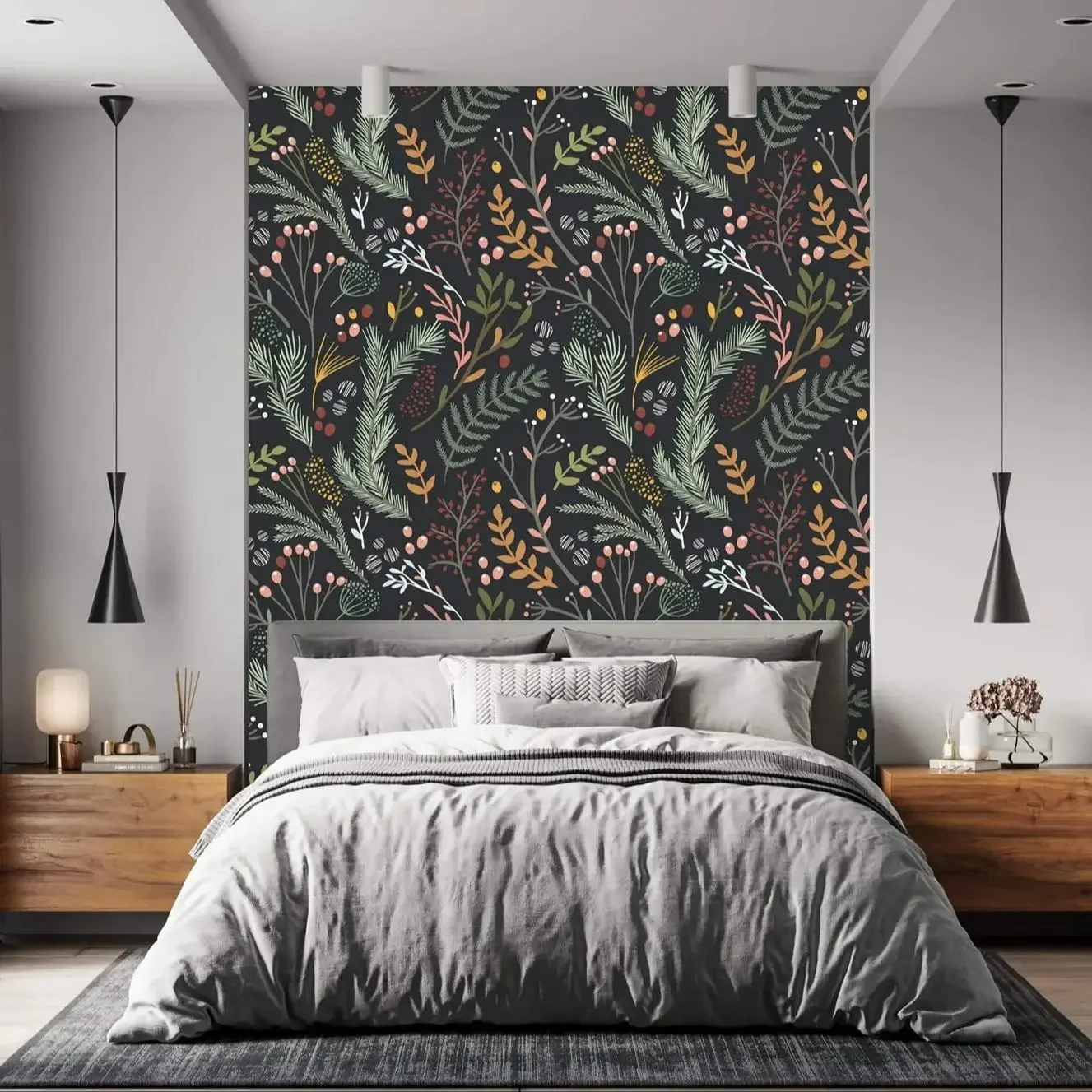 Leaves Peel and Stick Botanical Wallpaper, Herbs Dark Background Vintage Wall Paper For Home Decor,Self-adhesive Or Traditional