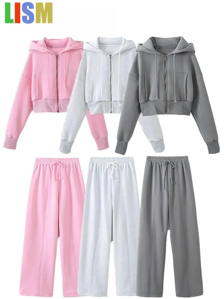 

LISM зимняя женская одежда, спортивный костюм, комплекты брюк, пальто на молнии с длинными рукавами, куртка-бомбер + брюки на шнурке, модный уличный костюм
