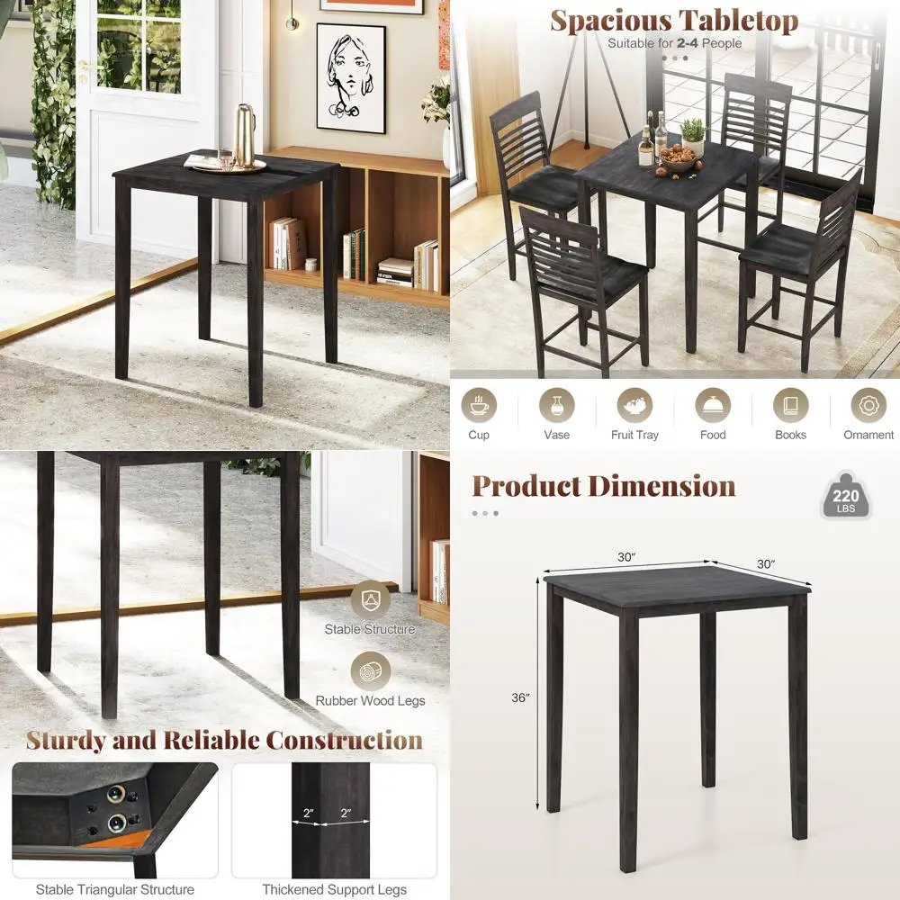 Counter Height Wooden Pub Table for 2-4 Seating, Dining Room Bistro Table with Rubberwood Legs