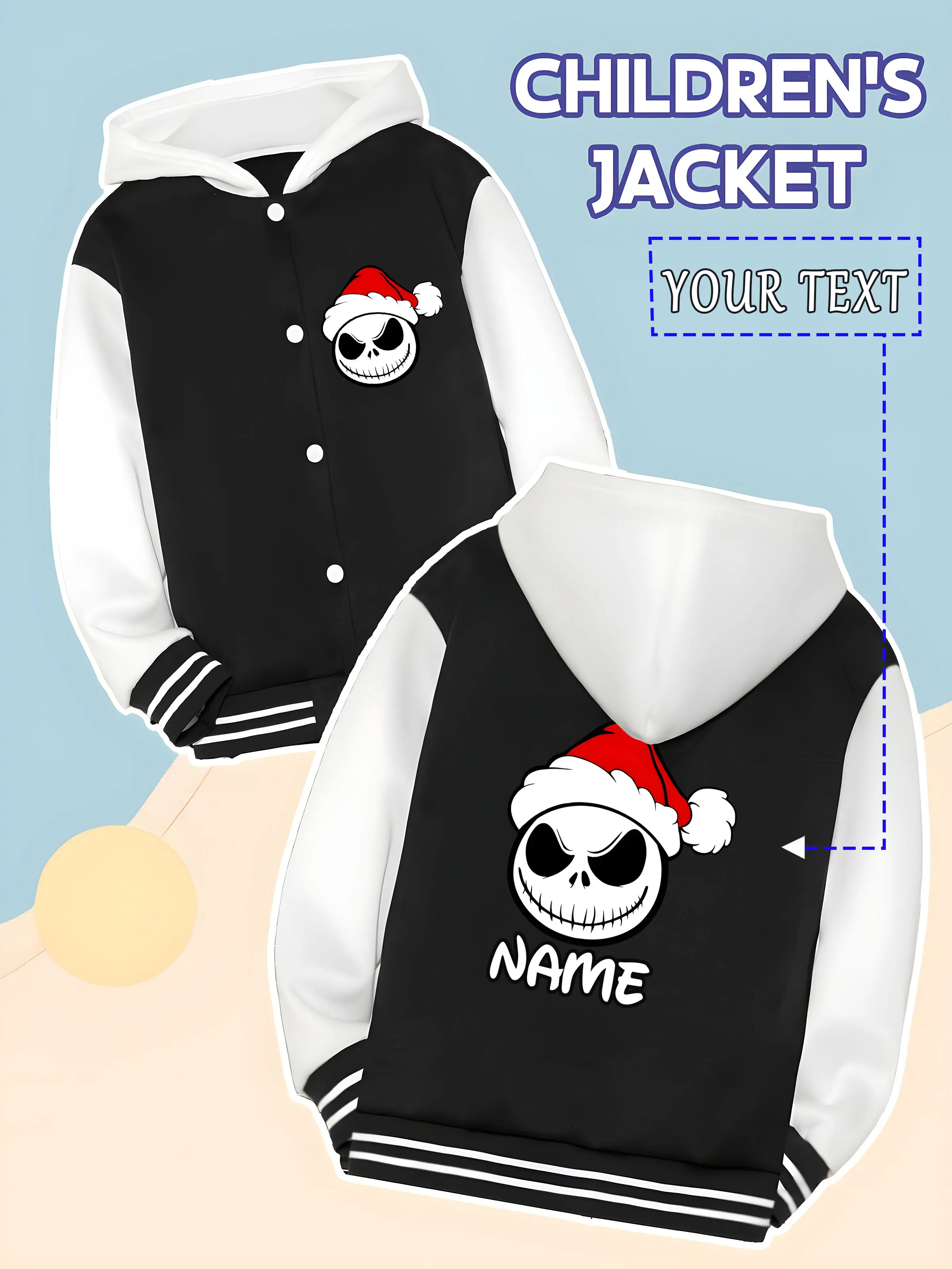 

MINISO Disney's Nightmare Before Christmas Christmas-themed children's baseball jacket - with a skull and Santa hat design, uniq