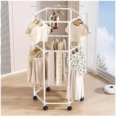 Perchero de ropa giratorio Hexagonal, tendedero de ropa de Metal, estante de almacenamiento de ropa para dormitorio y balcón móvil con polea