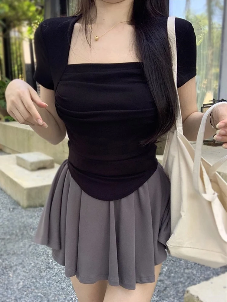 Cseta ajustada de manga corta con cuello cuad ne para mujer, Top Sexy e de verano, moda de viaje de estilo c...