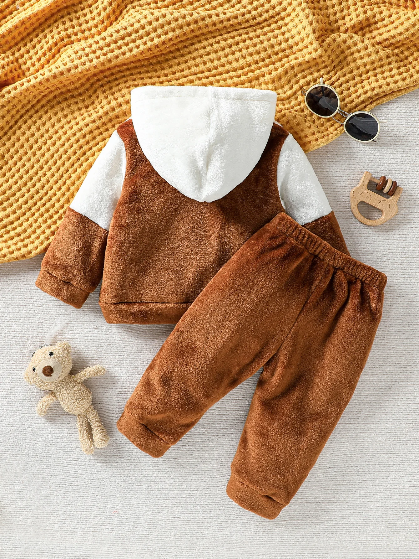 2025 New Fashion Baby Boy Girl /Unisex Winter Casual Daily Warm Cute Little Bear Fur Thick Design Suitable For 3-24M 2-Piece Set