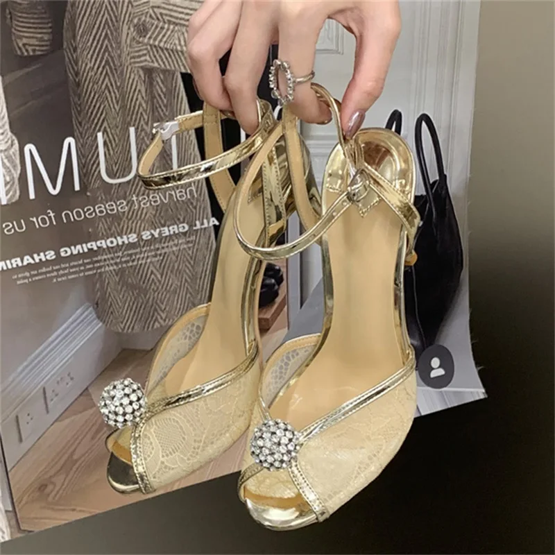 Eilyken Fashion CRYSTAl Breathable Mesh Peep Toe Women Sandals Sexy Thin High Heels Buckle Strap Banquet Prom Shoes - view 4