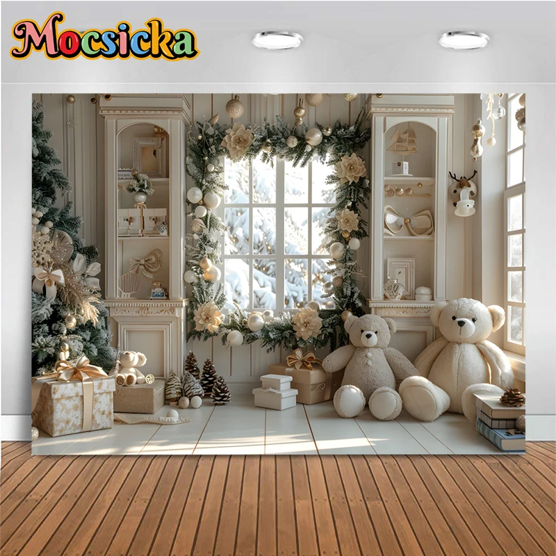 

Mocsicka Photography Backdrop Beige Window Bear Flower Gift Christmas Tree Photo Background For Children Kid Baby Shooting Props