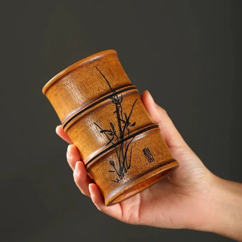 

Lacquer retro bamboo woven tea tube bamboo root bucket tea ceremony bucket accessories