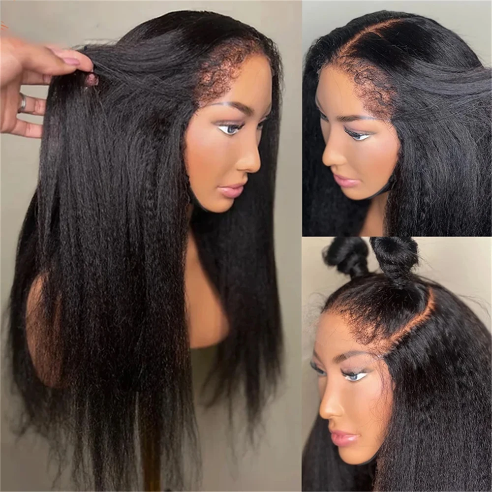 

Yaki 180Density 30inch Black Kinky Straight Lace Front Wig For Women With Baby Hair Synthetic Preplucked Daily Wig Fashion