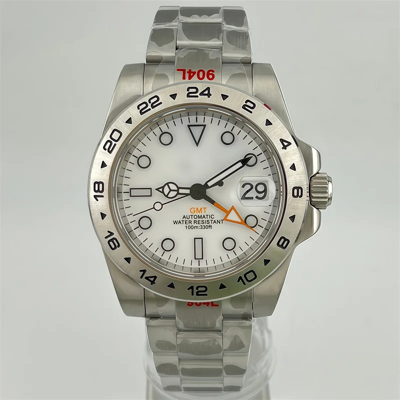 40mm 43mm Men's GMT NH34 Mechanical Watch with Fixed 24-hour bezel Sapphire glass Water Resistant White Luminous Dial Orange GMT