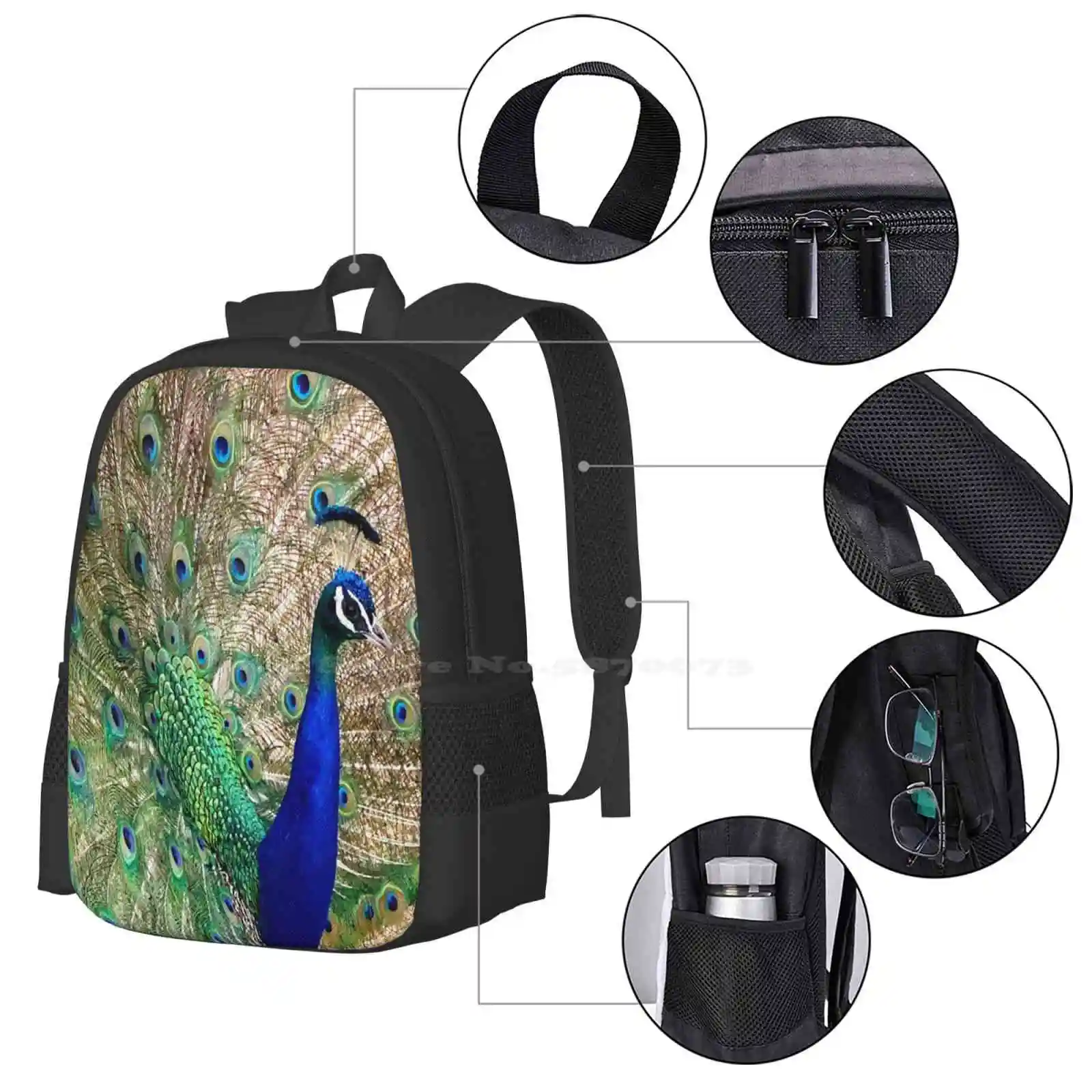 Dwayne der Pfau Muster Design Bagpack Schult aschen Pfau Natur Spaß bunt