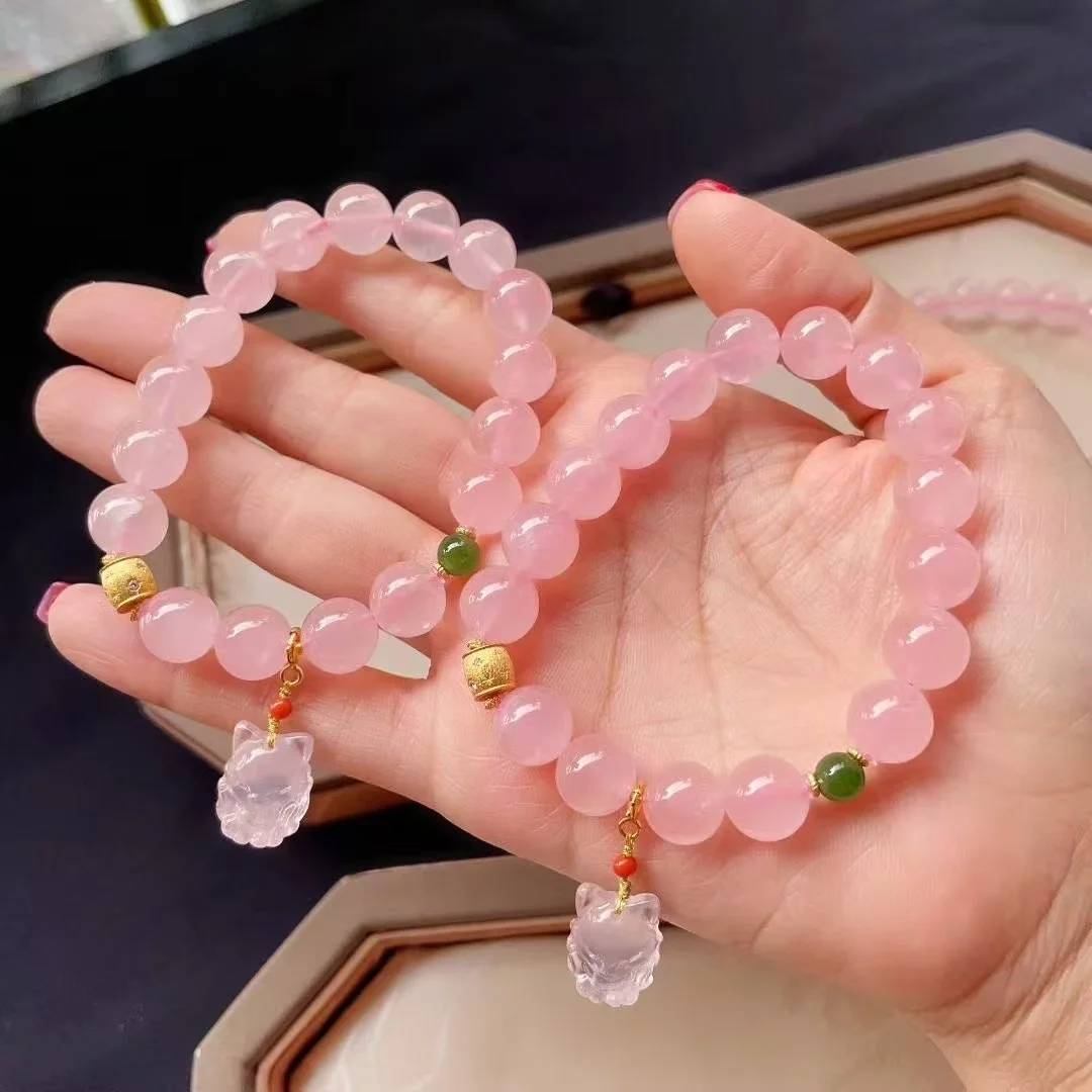 Certificado, pulsera de cuentas de cristal rosa Natural de 12mm con abalorio de zorro de cuarzo auténtico, cadena hecha a mano que mejora la joyería del amor