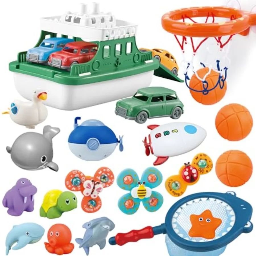 24 Pcs Bath Toys Set Ferry Boat with 4 Car and 4 Wind Up Bath Swimming Toys Spinner Spinning Top Basketball and Fishing Game Pe