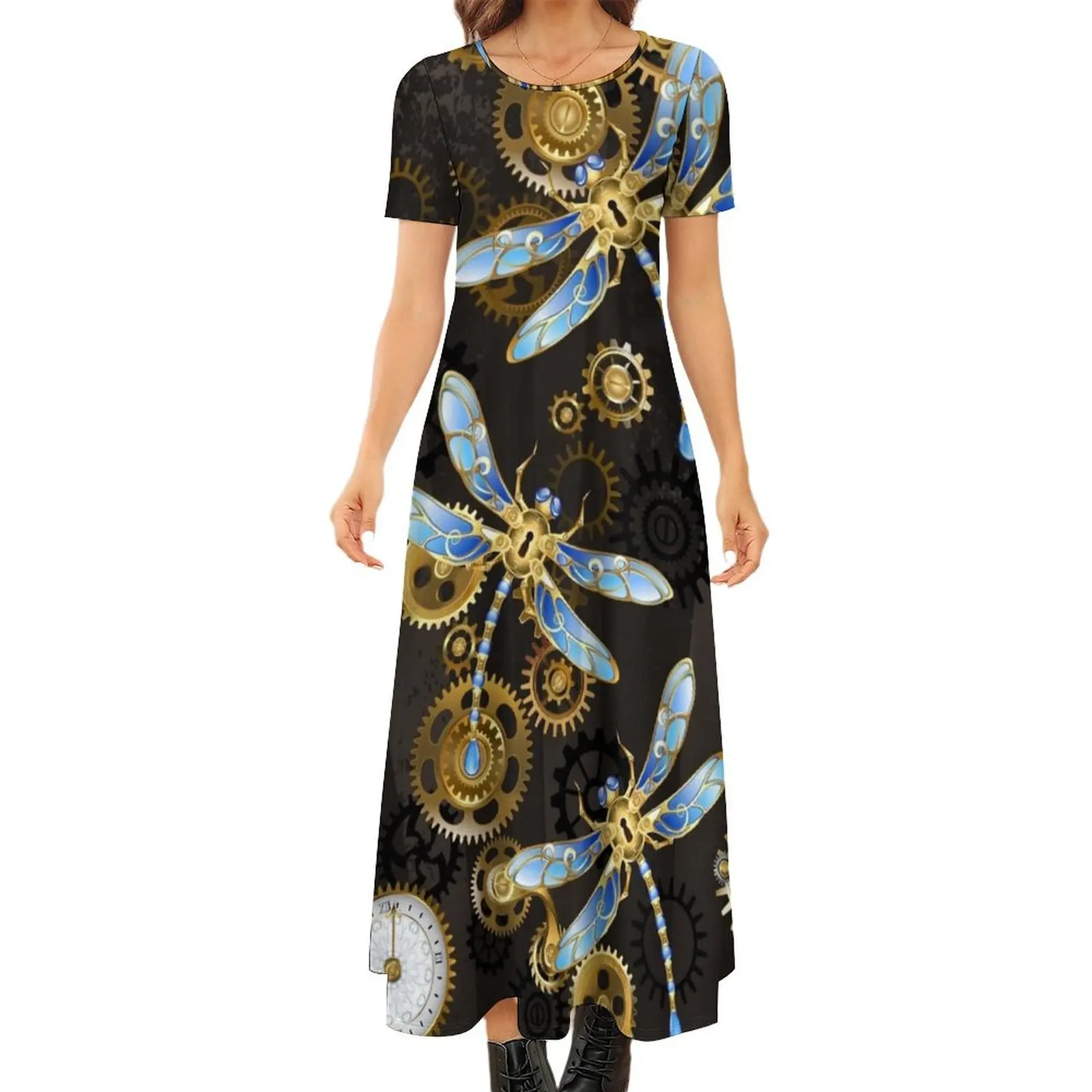 

Steampunk Dragonflies on grunge background Round Neck Short Sleeve Dress summer dress women 2024 dresses summer