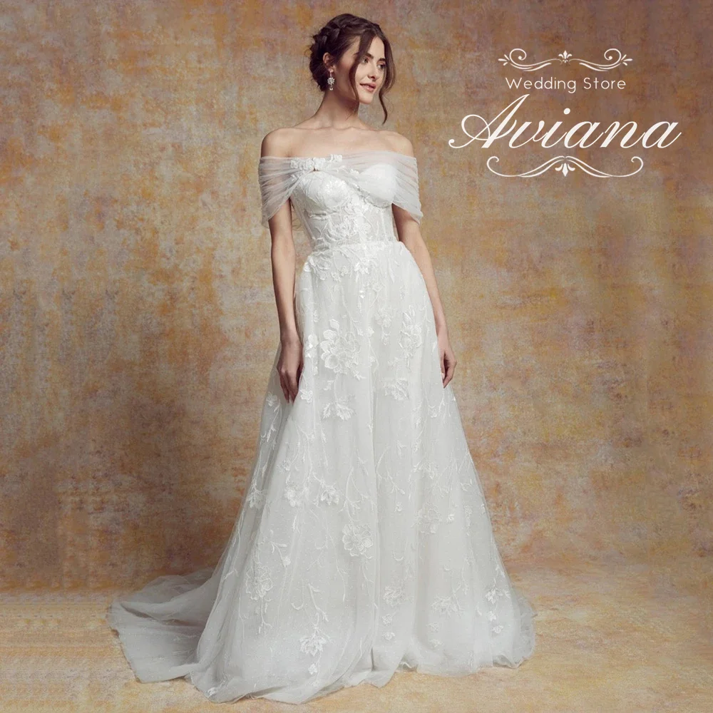 Aviana Customized Off The Shoulder Bridal Gown Lace Embroidered Bodice Long Train Elegant Luxury Handmade Wedding Dress Corset