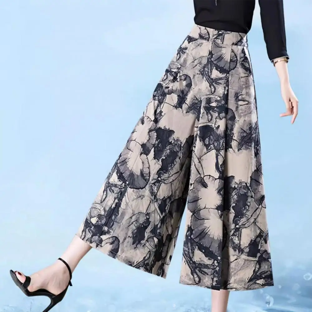 

Elderly Women Pants Retro Print Wide Leg Women's Skirt Pants with High Waist A-line Design Loose Fit Ankle Length for Mid-aged