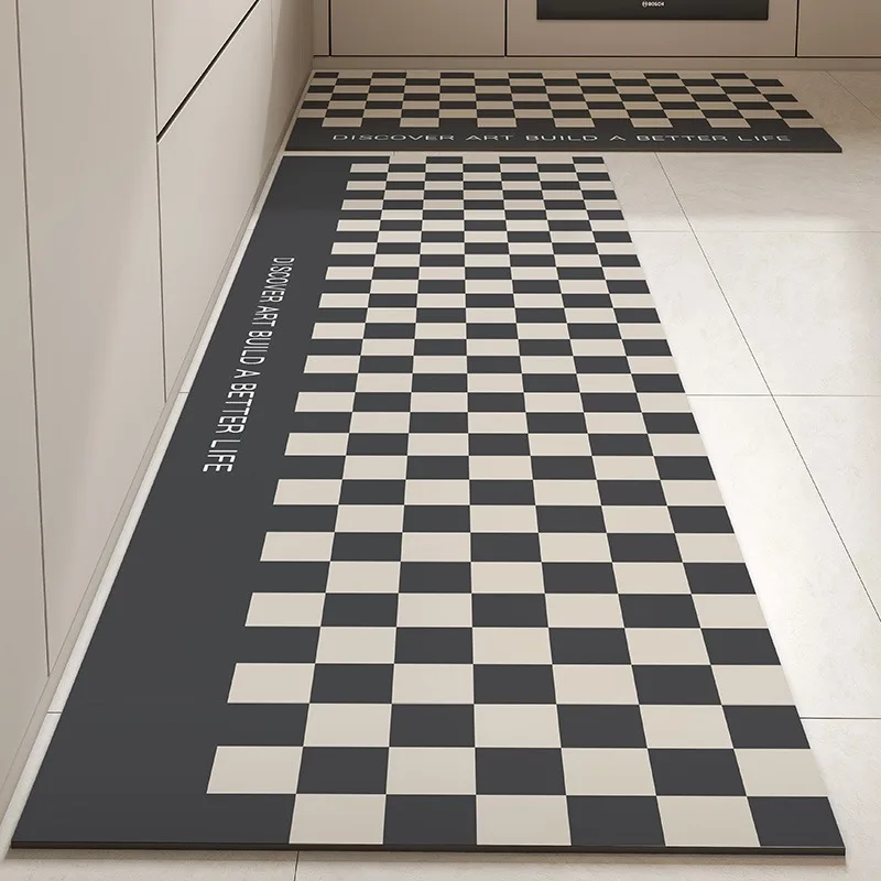 

Kitchen Floor Mats Absorbent Non-slip Oil-proof Washable PVC Leather Wipeable Foot Mats Black White Plaid Long Size Rugs 주방 카펫