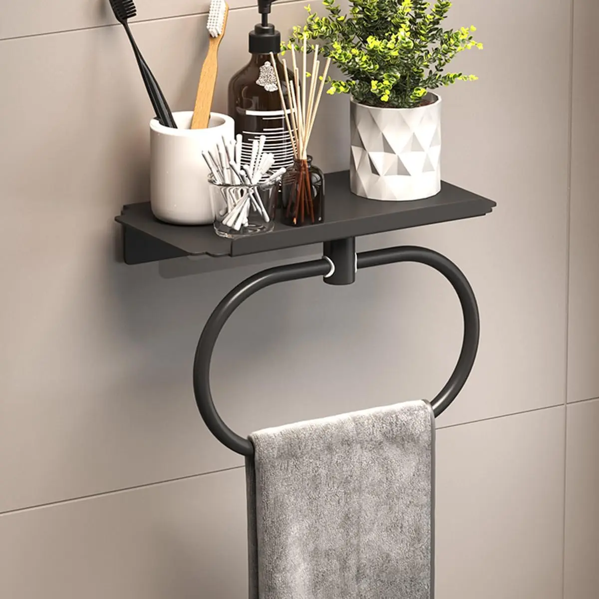 

Modern Wall Mounted Towel Rack with Storage Shelf, Black Metal Bathroom Towel Bar, Space-Saving Bathroom Accessories