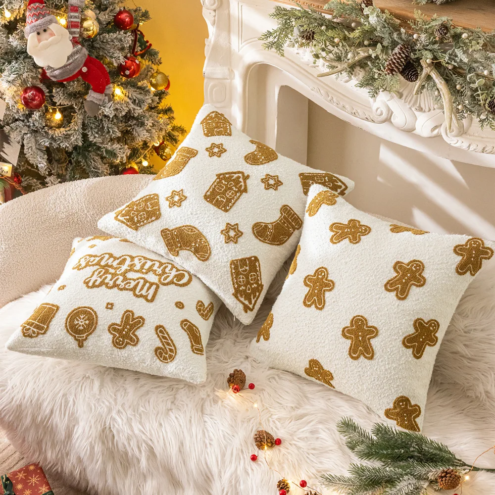 

Christmas Gingerbread Man Embroidered Cushion Cover Golden Brown Cartoon Embroidered Pillow Cover Holiday Home Decor for Xmas