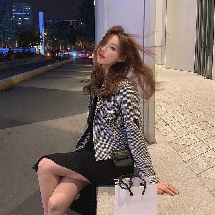 Women's Korean Style Houndstooth Cropped Blazer Chic Plaid Jacket Fall Fashion Elegant Office Wear