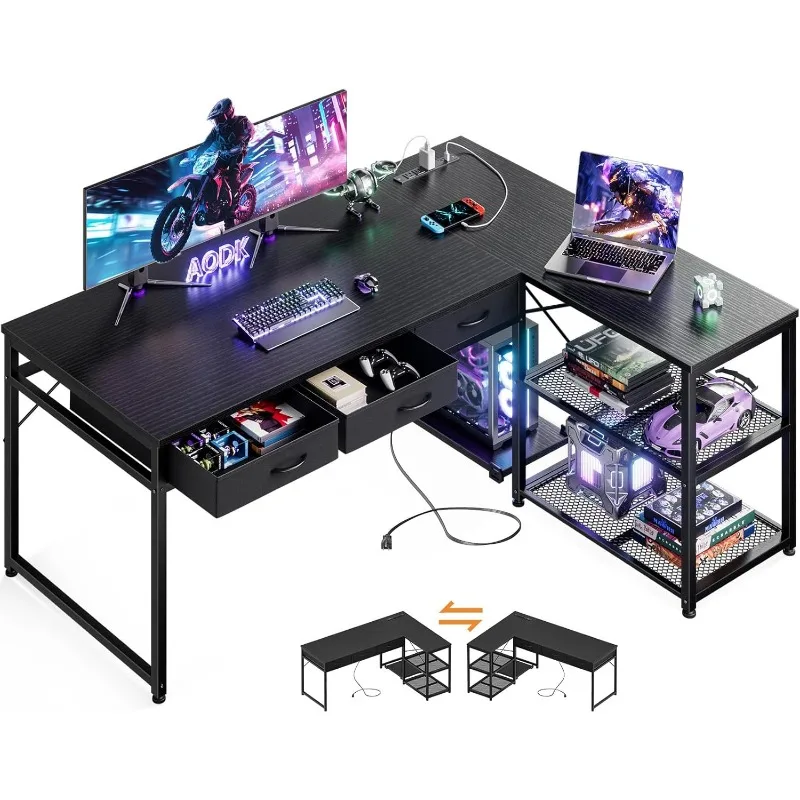 53 Inch L Shaped Computer Desk with Drawers, Corner Desk with Power Outlets & Reversible Storage Shelves, Movable CPU Stand