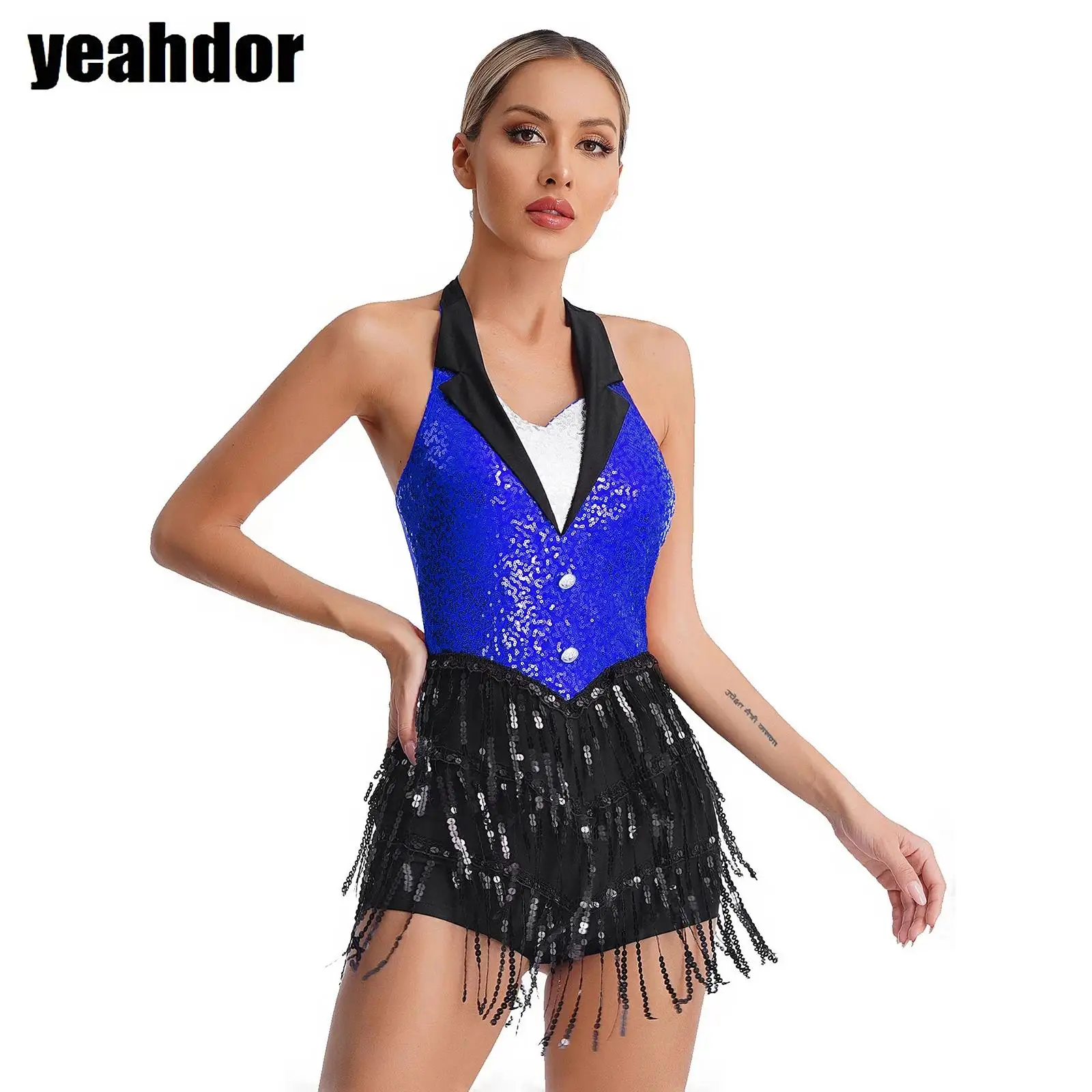 

Women Jazz Latin Dance Performance Costume Halter Backless Sparkly Sequin Leotard Sleeveless Fringe Jumpsuit with Gloves Clothes