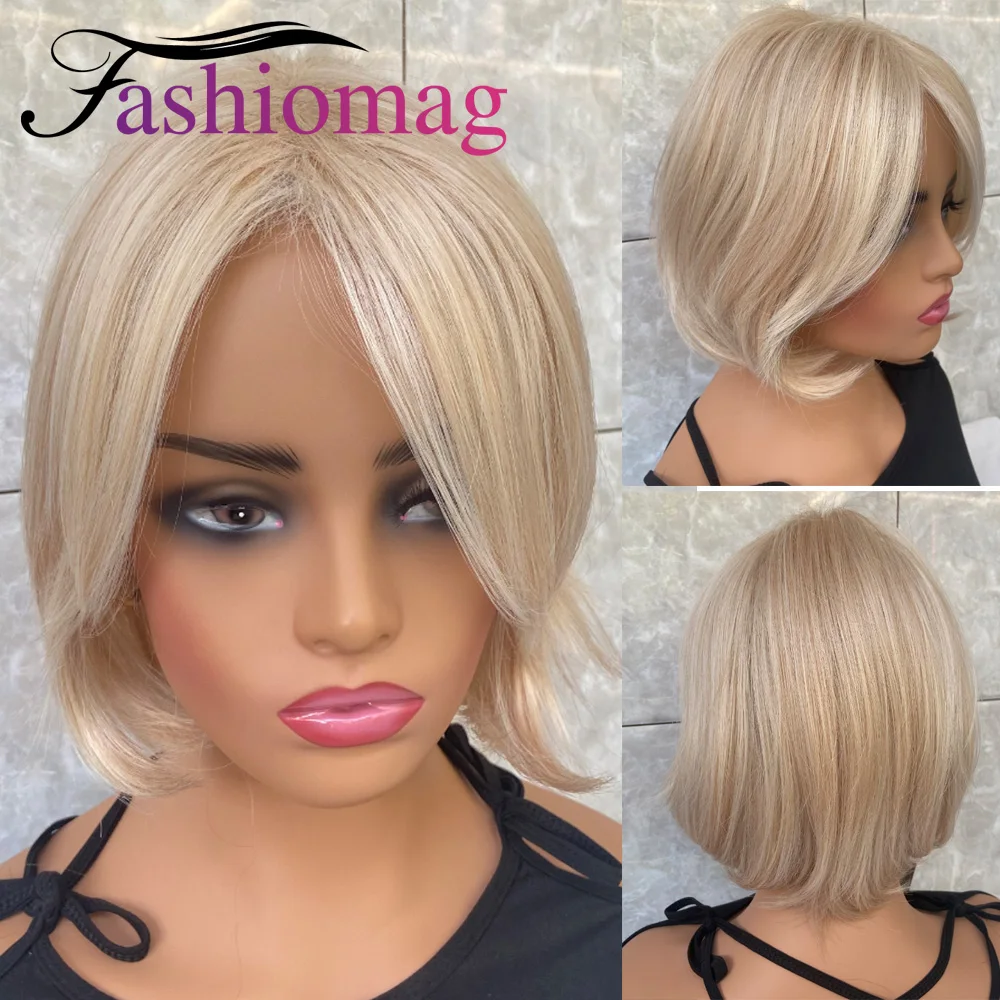 Fashiomag Short Straight Bob Hairstyle Human Hair Blend Heat Ok Wigs Women Soft Natural Daily Use