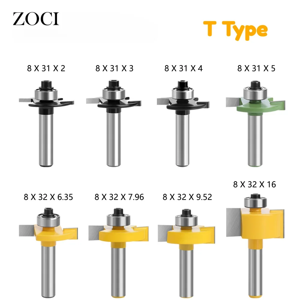 

8PCS T-Type Router Bit Set Tongue & Groove Joint Assemble T-Slot Milling Cutter Woodworking Tools DIY Carving Router Bits Kit