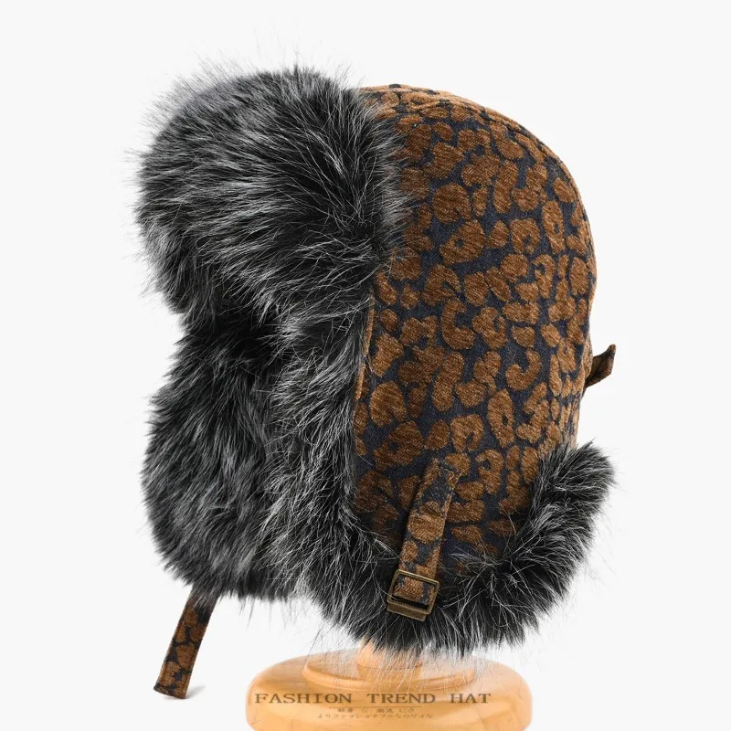 Unisex Winter Vintage Leopard Plush Warm Ear Cover Windproof Thick Fleece Lined Hat