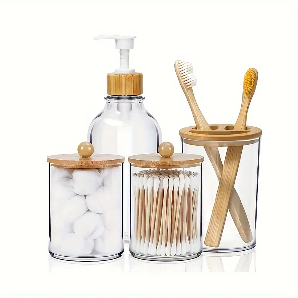 4pcs Bamboo Bathroom Accessories Set - Rustic Boho Decor, Soap Dispenser, Toothbrush Holder, 2 Cotton Swab Holder Jars