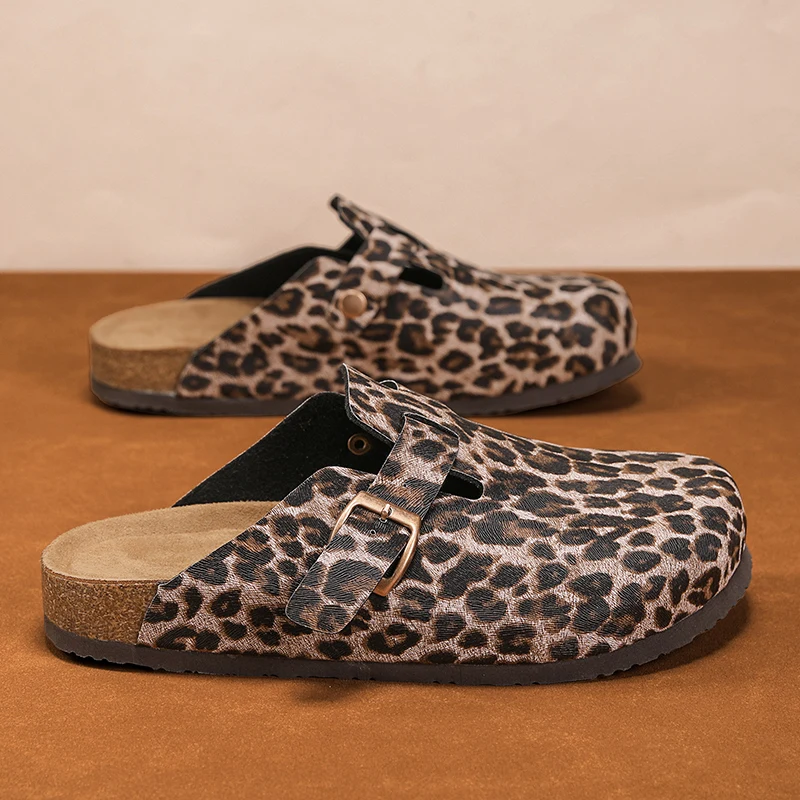 Pantofole in sughero con stampa leopardata Mezze scarpe per uomo Donna Sandali slip-on Zoccoli senza schienale Poggiapiedi comfort per interni ed esterni unisex