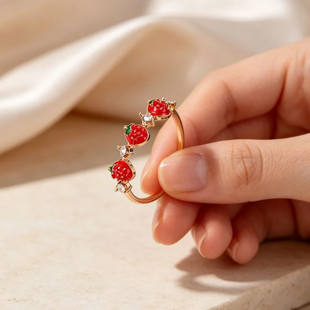 New Fashion Strawberry Enamel Open Rings for Women, Inlaid Zircon Adjustable Dripping Oil Finger Jewelry