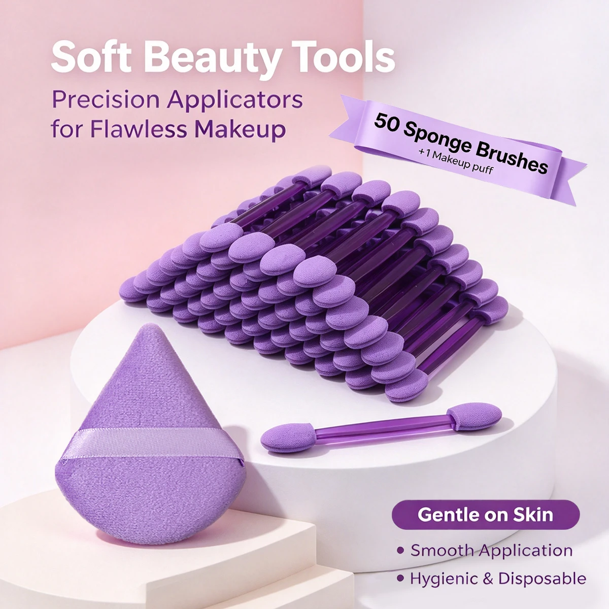 51Pcs 50Sponge Eyeshadow Applicators+1Makeup Puff,Purple Dual-ended Makeup Sponge Wands,for Eyeshadow & Face Powder Application