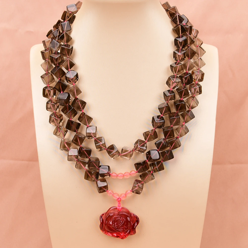 APDGG A75 Handmade 3 Rows Natural Mix Stone Smoky Quartz Glass Pendant Multi Strands Necklace