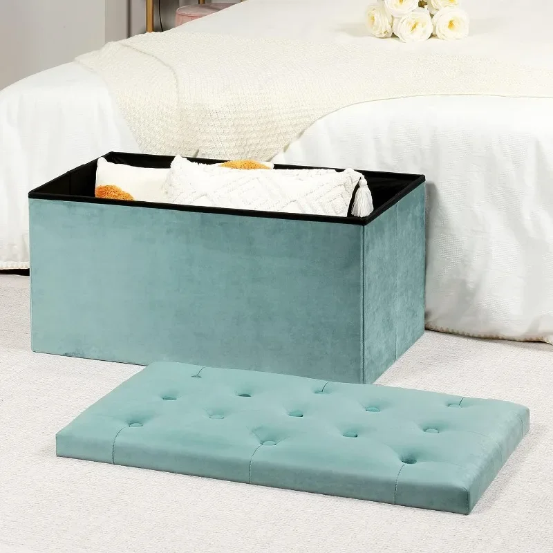 Folding Storage Ottoman, Long Ottomans Shoes Bench, Velvet Storage Chest Footrest Seat 31.5